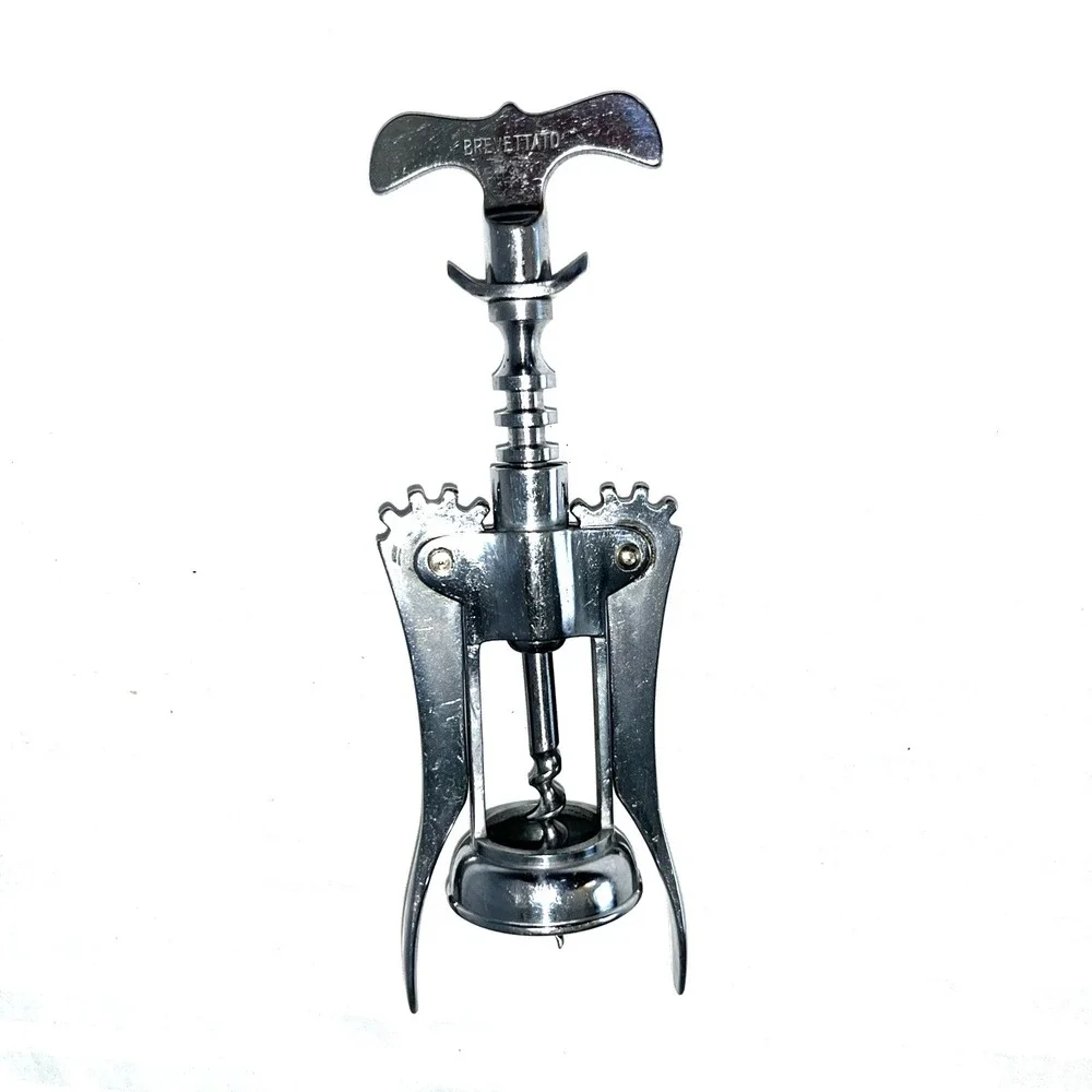 Vintage Brevettato Italy Plated Brass Wing Corkscrew Wine Opener w/Curved Handle